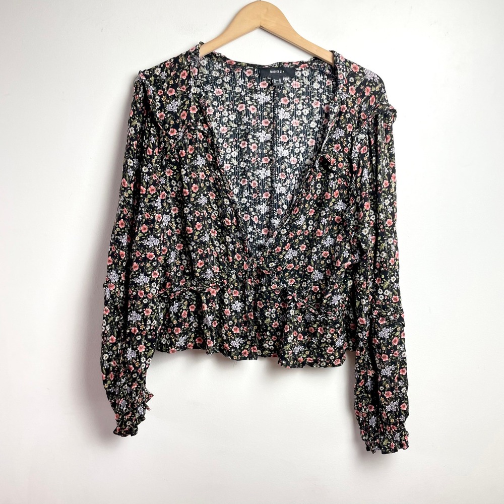 Forever 21 Floral Sheer V-Neck Blouse Boho Plus Size 2X Black Pink Ruffle Fairy